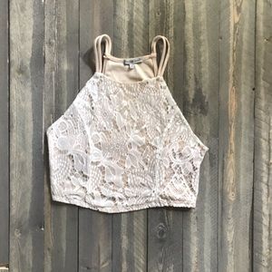 Halter crop top cream and white lace open back